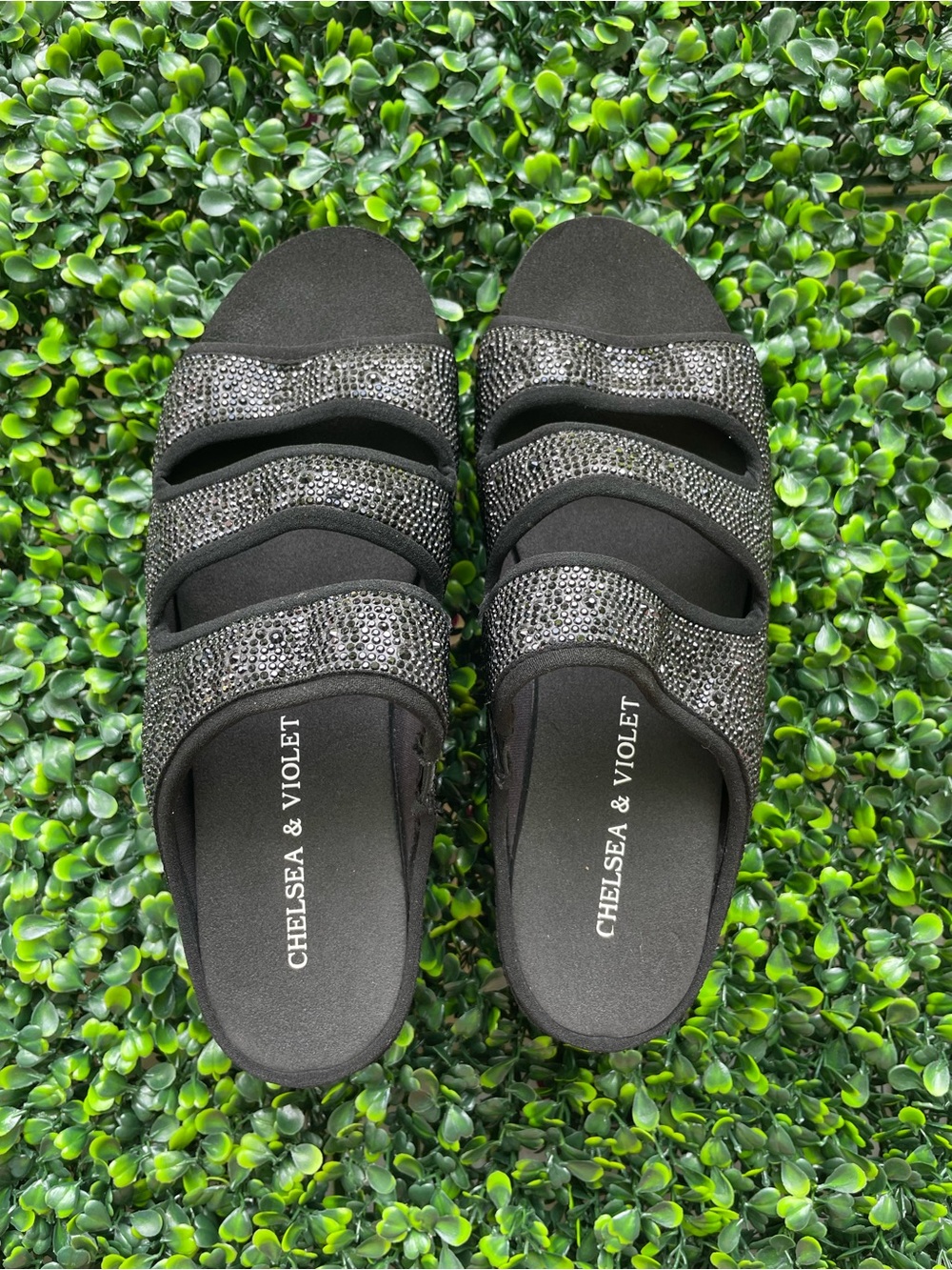 Chelsea & violet Black rhinestone Sparkle Strappy Wedge Sandals - size 7 - Picture 3 of 7